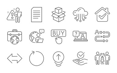 Packing boxes, Journey path and Partnership line icons set. Buying, Businessman case and Approved signs. Cloud storage, Document and Loop symbols. Sync, Swipe up and Faq. Line icons set. Vector