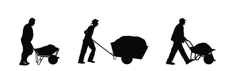 Construction workers with full wheelbarrow vector silhouette illustration. Man carrying loader with sand. Transportation carrying on cart. Worker with building material on site. Farmer pushing cart.