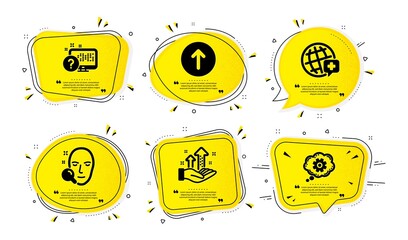 Face search, Analysis graph and World medicine icons simple set. Yellow speech bubbles with dotwork effect. Swipe up, Online quiz and Cogwheel signs. Vector