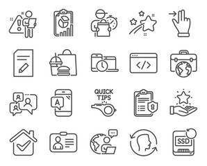 Technology icons set. Included icon as Businessman case, Id card, Recovery ssd signs. Face id, Edit document, Ab testing symbols. Loyalty program, Support chat, Seo script. Report. Vector
