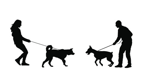 Owner girl and dog husky meeting boy with doberman vector silhouette illustration isolated on white background. Woman and man with dog on leash, outdoor friendship pet playing. Friendly approach game 