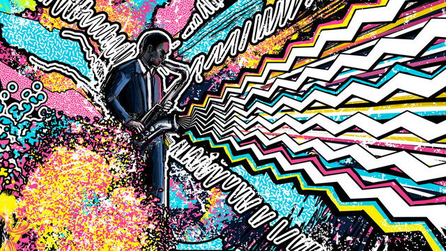 Jazzman plays the saxophone, around it happens the magic of music