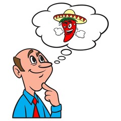 Thinking about a Hot Chili Pepper - A cartoon illustration of a man thinking about a Hot Chili Pepper.