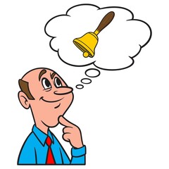 Thinking about a School Bell - A cartoon illustration of a man thinking about a School Bell.