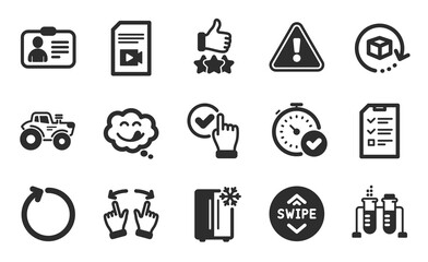 Loop, Video file and Id card icons simple set. Rating stars, Checkbox and Fast verification signs. Tractor, Yummy smile and Interview symbols. Refrigerator, Return package and Move gesture. Vector