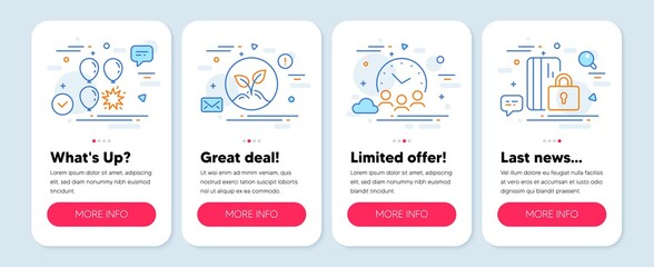 Set of Business icons, such as Balloon dart, Meeting time, Startup symbols. Mobile screen banners. Blocked card line icons. Attraction park, Conference hours, Launch project. Private money. Vector