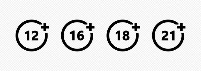 Set of age restriction icons. 12, 14, 18 and 21 age limit concept. Vector on isolated transparent background. EPS 10.