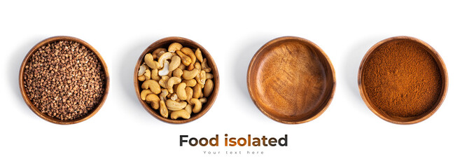 Buckwheat, cashew, spices in wooden bowl isolated on a white background.