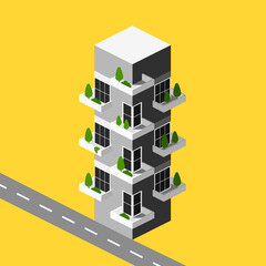 Green city isometric building, construction, on gray gradient with road, modular city