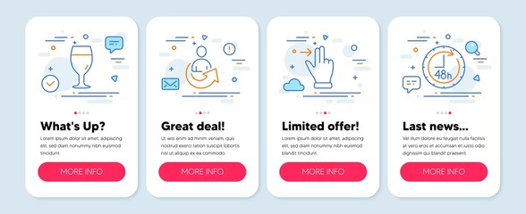 Set of Business icons, such as Beer glass, Touchscreen gesture, Share symbols. Mobile app mockup banners. 48 hours line icons. Brewery beverage, Slide right, Referral person. Delivery service. Vector