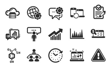 Recovery devices, Line graph and Graph chart icons simple set. Demand curve, Rfp and Globe signs. Interview job, Chemical formula and Employees messenger symbols. Flat icons set. Vector