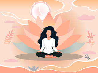 Woman meditates yoga and lotus flower. Spiritual practice for body and mind, relaxation and rest. Vector yoga illustration. Self-improvement for wellness and health.