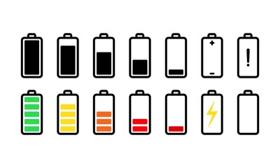Battery with different levels of charge icons set. Vector on isolated white background. EPS 10