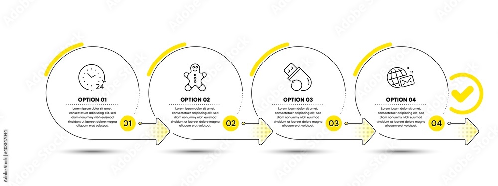 Poster gingerbread man, flash memory and 24 hours line icons set. timeline process infograph. world mail si