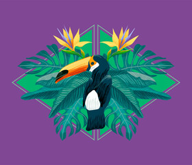Modern abstract banner. A bright toucan hides in the jungle under palm trees and flower. Bright tropical illustration with triangles and textures © tanja_krivich