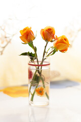 A small simple bouquet of orange roses in a drinking glass, in back light. Holidays concept, beauty of nature, little joys. Vertical format. For social media, blog