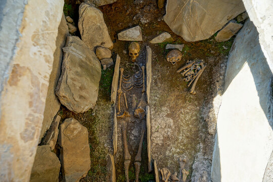 Azerbaijan, near Shaki, in the village of Kish, the Albanian-Udi Church of St. Elisey the Apostle, skeletons in the open crypt
