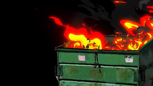 Dumpster Fire Cartoon Look on Black 4K Loop features a dumpster with hand-drawn fire coming out the top with a black background in a loop