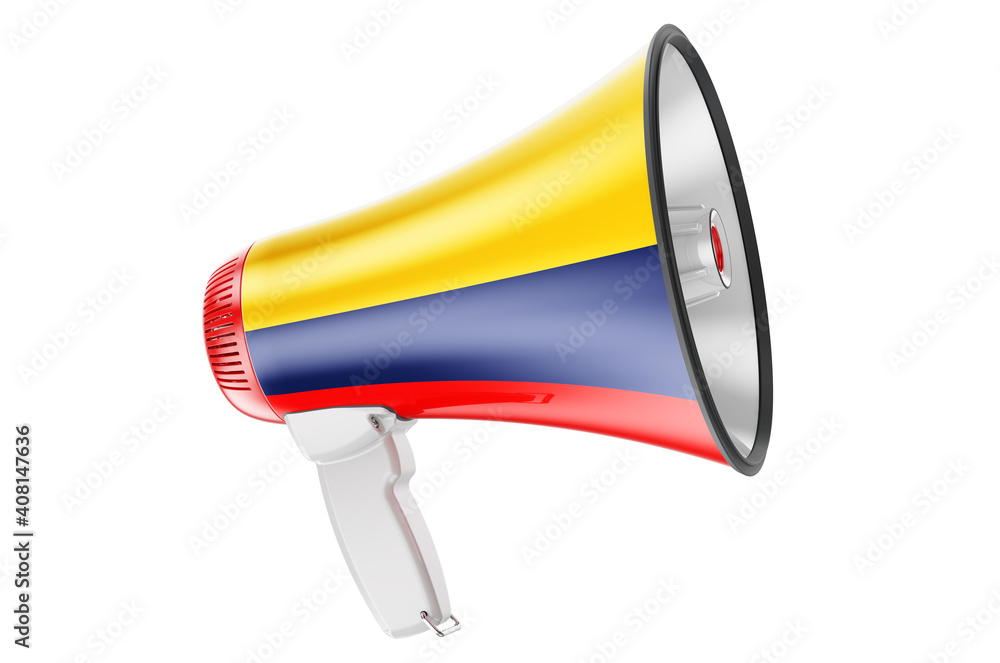Poster megaphone with colombian flag, 3d rendering