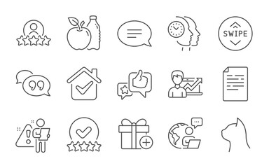 Apple, Like and Time management line icons set. Swipe up, Success business and Pets care signs. Add gift, Quote bubble and Human rating symbols. Chat, Rating stars and Document. Line icons set. Vector