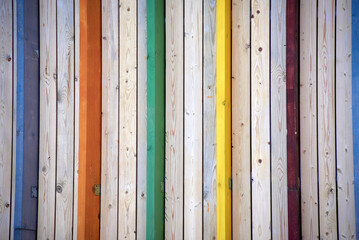the texture of a colorful wooden wall made of repeating boards