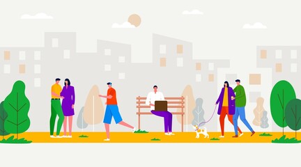 People walking in the park, practicing sports, relaxing, connecting, sitting on bench,  playing with dog. Leisure and outdoor activity, family picnic, summer rest. Vector flat concept illustration - 408147678