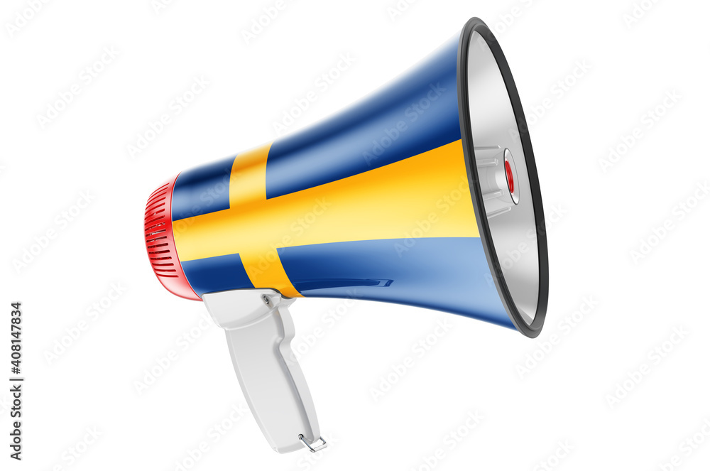 Poster megaphone with swedish flag, 3d rendering
