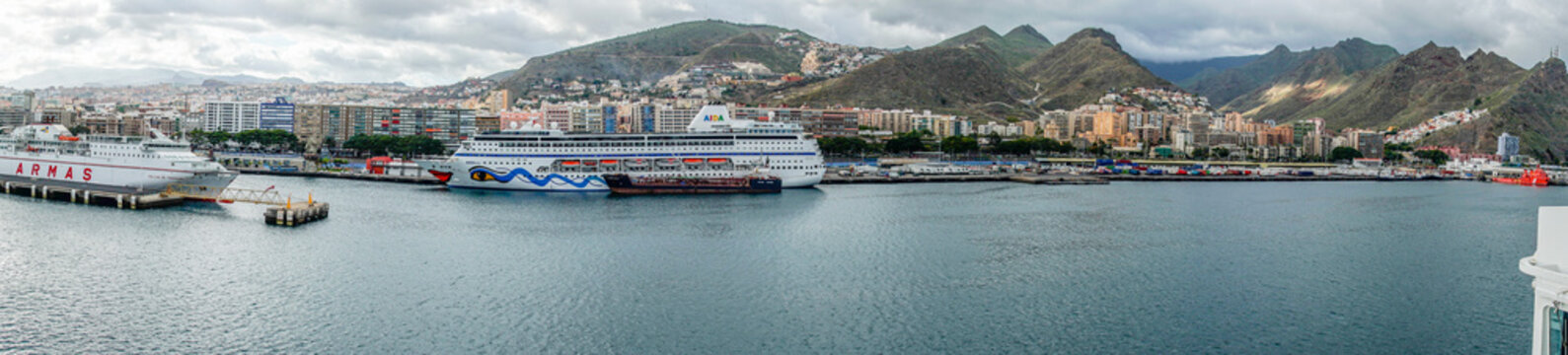 Santa Cruz de Tenerife, Canary Islands, Spain - December 8, 2019: Cruise ships and boats in port of Santa Cruz de Tenerife, Canary Islands, Spain