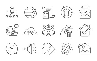 24 hours, Documents and Quick tips line icons set. Restructuring, Meeting and Receive mail signs. Environment day, Cutting board and Smile symbols. Line icons set. Vector