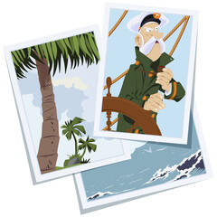 Sea wolf with pipe. Old captain of ship at wheel. Illustration for internet and mobile website.