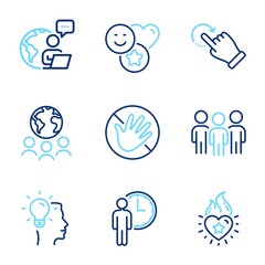 People icons set. Included icon as Waiting, Do not touch, Idea signs. Global business, Smile, Group symbols. Rotation gesture, Heart flame line icons. Service time, Not allowed. Line icons set. Vector