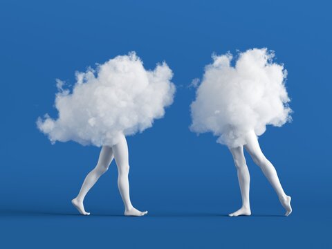 3d render. Couple of abstract white clouds with mannequin legs. Soul mate metaphor. Social role play. Partners interaction. Minimal surreal clip art isolated on blue background