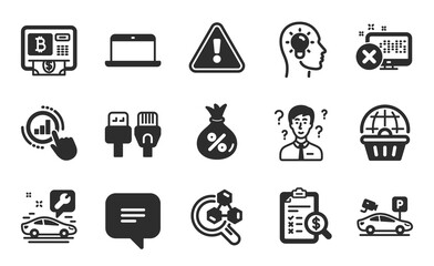 Idea head, Car service and Bitcoin atm icons simple set. Loan, Support consultant and Text message signs. Graph chart, Laptop and Computer cables symbols. Flat icons set. Vector