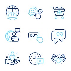 Business icons set. Included icon as Hold heart, Customer satisfaction, Add products signs. Global engineering, Quote bubble, Buy button symbols. Chemistry lab, Time line icons. Line icons set. Vector