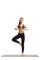 Full length portrait of a slim young woman exercising yoga on a mat