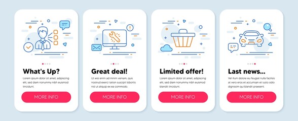 Set of Technology icons, such as Third party, Monitor repair, Shop cart symbols. Mobile screen banners. Car line icons. Team leader, Computer service, Web buying. Transport. Third party icons. Vector