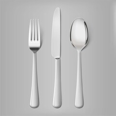 Set cutlery of fork, spoon and knife. Hight realistic vector illustration on gray background. Ready for your design. EPS10.