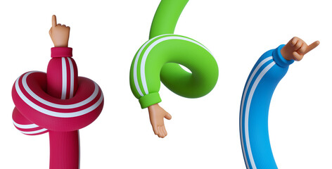 3d rendering, set of funny cartoon character tangled and spiral hands in colorful sleeves, clip art...