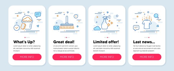 Set of Cleaning icons, such as Sponge, Washing cleanser, Cleaning mop symbols. Mobile screen app banners. Dry t-shirt line icons. Cleaner bucket, Housekeeping spray, Sweep a floor. Vector