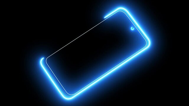 Neon blue smartphone on a black background.