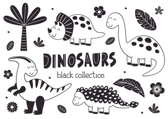 set of isolated black cute dinosaurs and tropical plants  © nataka