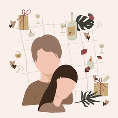 Man and woman. Vector illustration. Flat cartoon style. Decor element for cards, banners.