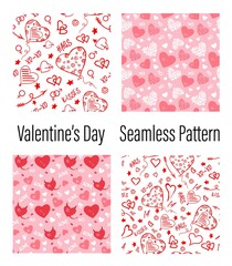 Set of Valentine's seamless pattern. Valentines Day seamless background Romantic background, texture. Hand drawn vector pattern illustration, isolated objects.