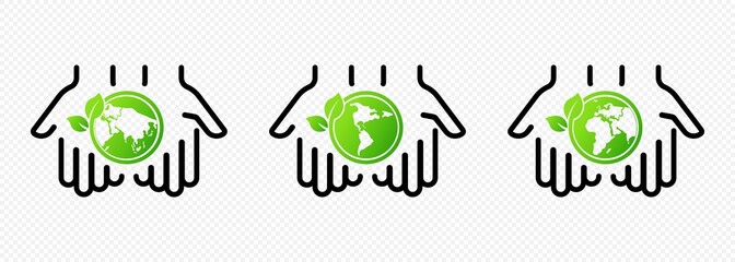 Hands holding earth globe with leaves. Concept of saving the earth, nature. Vector on isolated white background. EPS 10