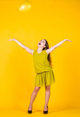 express positivity. kid summer fashion. cheerful day dreamer. fashion and beauty. her perfect hairstyle look. smiling child with party balloons. childhood happiness. pretty teenage girl in dress