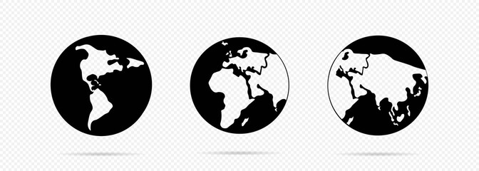 Planet Earth icon in black. World map. For web banner, web and mobile, infographic. Vector on isolated transparent background. EPS 10