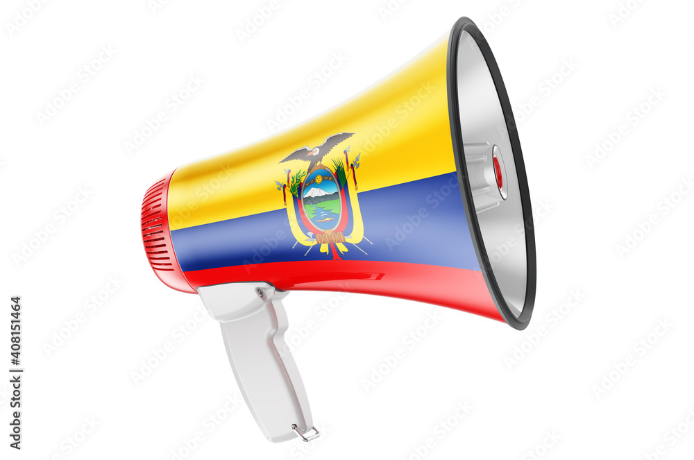 Poster megaphone with ecuadorian flag, 3d rendering