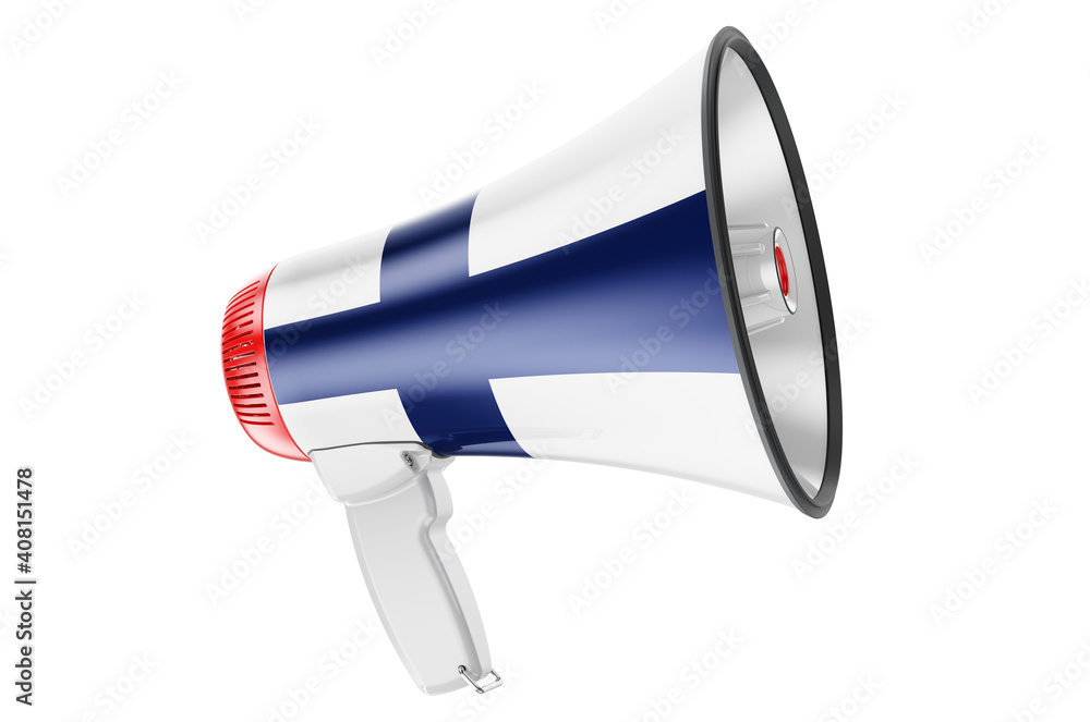 Poster megaphone with finnish flag, 3d rendering