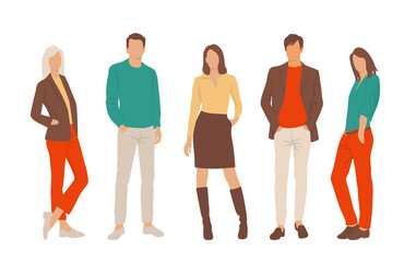  Set of young men and women, different colors, cartoon character, group of silhouettes of standing business people, students, the design concept of flat icon, isolated on white background