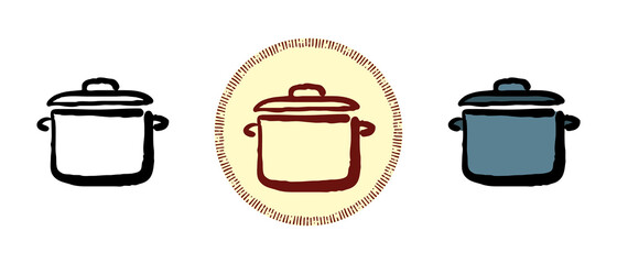 This is a set of icons with different style of the pan. Outline, color and retro saucepan symbols. Freehand drawing, doodles. Stylish solution for website and label.
